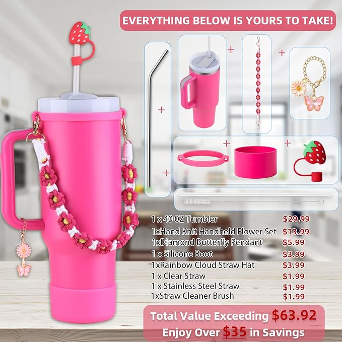 40 oz Tumbler Insulated Mug w/Straw & Flip Cap Lids - Cup Holder Bottle with 6 Accessories Set for Hot, Cold Drink - Leak-Proof - Water, Coffee Portable Travel Mug (Barbie) - Bloomnest