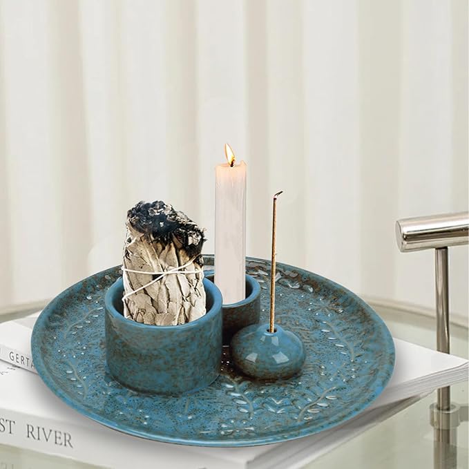Ceramic Incense Holder Set with Decorative Tray, White, Intricate Pattern Design, 5.9x5.9x2 Inch, for Sticks, Cones, Palo Santo, Sage (Blue) - Bloomnest