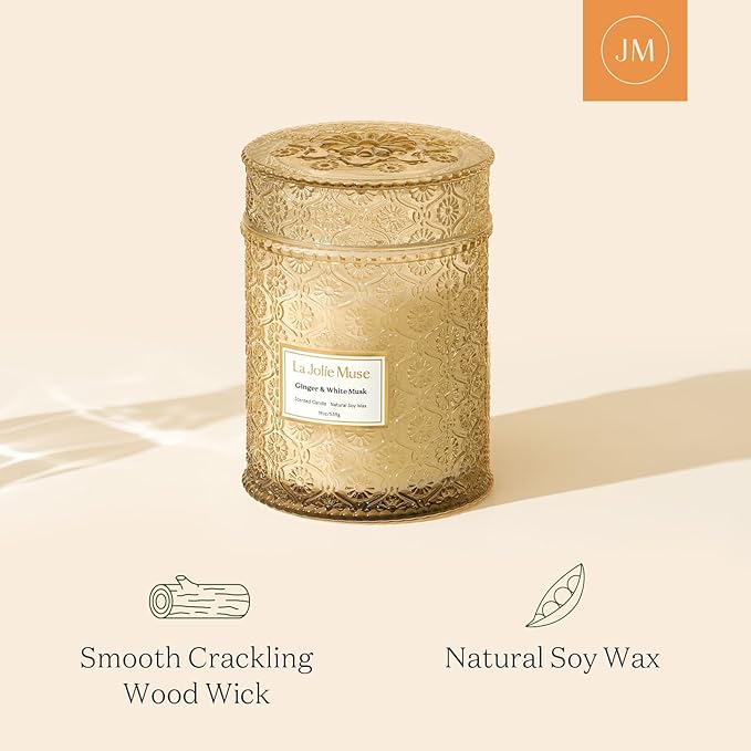 LA JOLIE MUSE Ginger & White Musk Candle | Ginger, Lemongrass & Musk | 19 oz Wooden Wick | Natural Soy Wax | 90 Hours Clean Burn | Gift-Ready for Hosts & Gathering| Seasonal Home Décor - Bloomnest