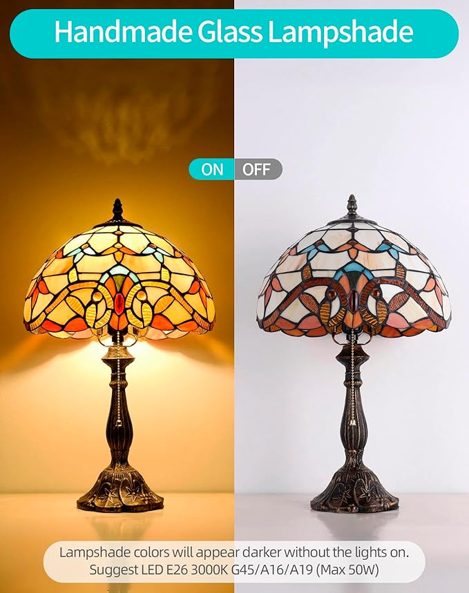 Tiffany Table Lamp, 12-inch Stained Glass Lamp for Living Room, Dining Room, Bedroom, Study Room, Office (Beige Baroque) - Bloomnest