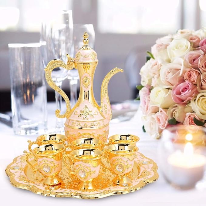 Vintage Turkish Coffee Pot Set, Turkish Tea Set with 6 Coffee Cups, Golden Wine Decanter and Glasses Set, Turkish Copper Coffee Cup Set for Home Tea Party(Pink) Tea - Bloomnest
