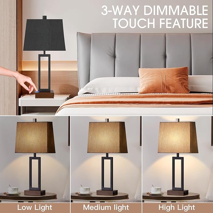 Touch Control Table Lamps Set of 2, Modern Bedside Lamps with 2 USB Charging Ports & AC Outlet, 3-Way Dimmable Wood Nightstand Lamp for Living Room Bedroom End Table Office Black(2 LED Bulbs Included) - Bloomnest