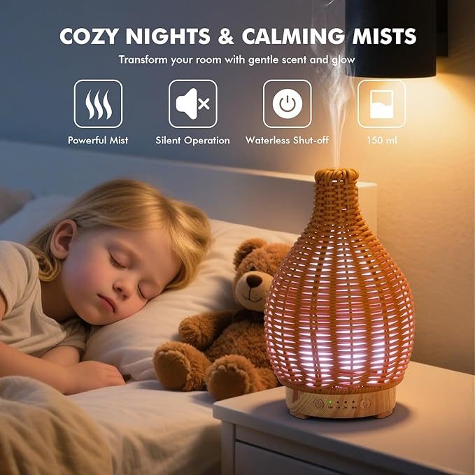 Boho Essential Oil Diffuser for Home -150ml Ultrasonic Fragrance Diffuser Humidifier Whisper Quiet Timer Setting 7 LED Colors Changing Lights for Home Office Decor & Gift (Handwoven) - Bloomnest
