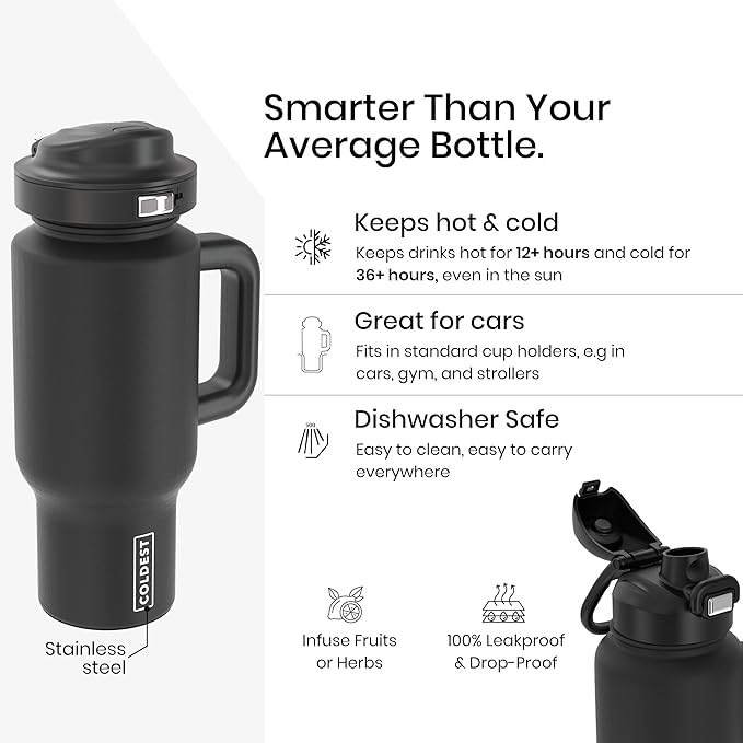 Coldest Tumbler with Handle & Coffee Lid - 100% Spill Proof Tumbler (3 Lids) - Stainless Steel Insulated Leakproof Tumblers for Women & Men - Cup Holder Friendly - 24 oz (Bats and Cats) - Bloomnest