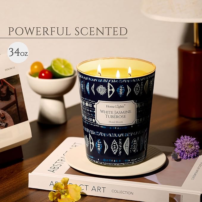 HomeLights Scented Candles for Women & Men, 34oz Candle Jars Aromatherapy 3-Wick Candle, Ideal for Bohemian Natural Textures Home Decor and Gifts, White Jasmine Tuberose - Bloomnest