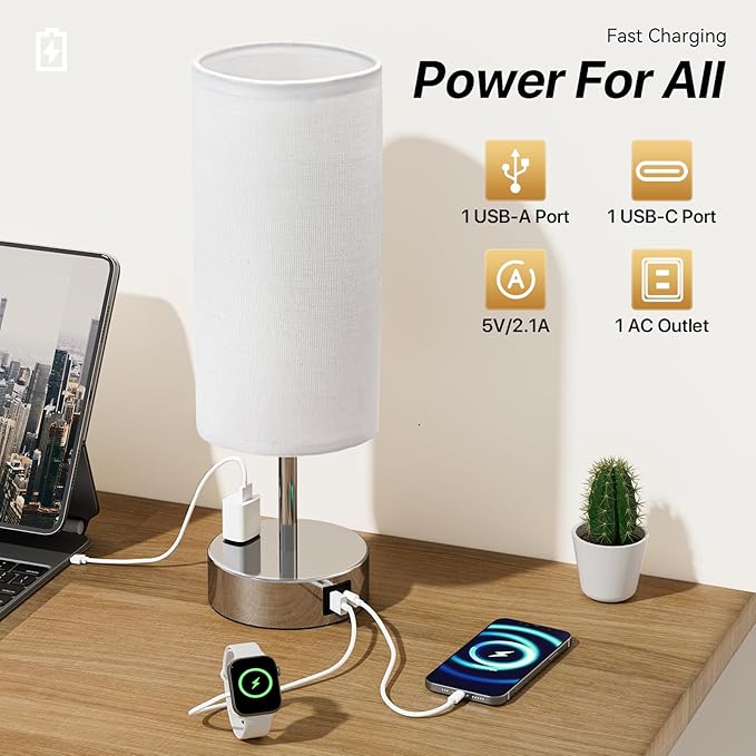 KPQ Small Bedside Lamp Touch Control Table Lamp with USB A+C Charging Ports & AC Outlet 3-Way Dimmable Nightstand Lamp with Linen Fabric Shade for Bedroom Living Room - Bloomnest