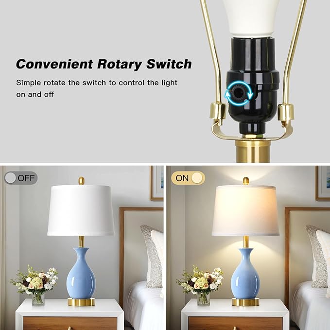24″ Light Blue Ceramic Table Lamps Set of 2, Modern Classic Bedside Lamps for Bedroom Nightstand, Small Table Lamp for Living Room Side Table (2 LED Bulbs Included) - Bloomnest