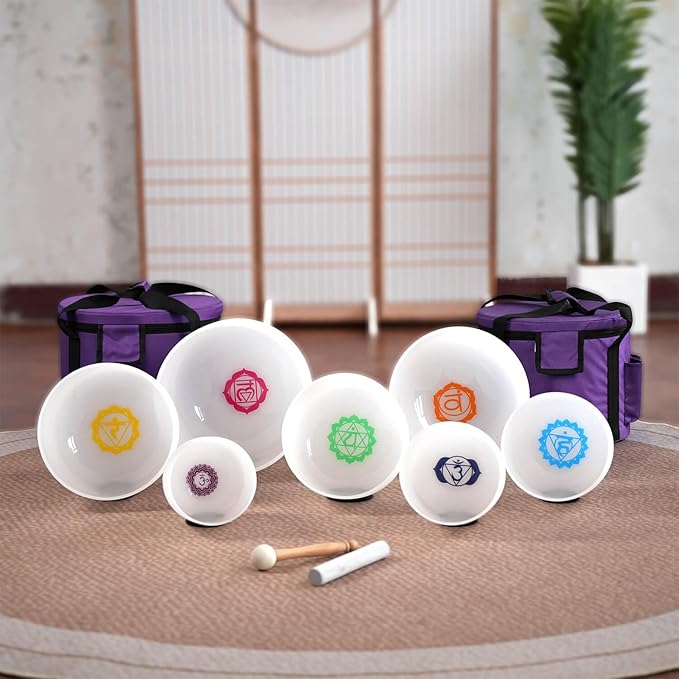 6-12inch Chakra Symbol Design 432hz Quartz Crystal Singing Bowls Set of 7, for Healing Mindfulness Meditation Yoga Sound Baths with Case Mallet Suede Striker - Bloomnest