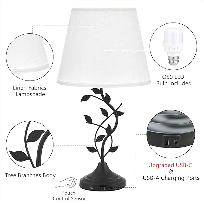 Kakanuo USB Touch Table Lamp Bedside Lamp with USB C Charging Ports for Living Room, White 3 Way Dimmable Traditional Nightstand Lamp Retro Table Lamp for Bedroom and Office (LED Bulb Included) - Bloomnest