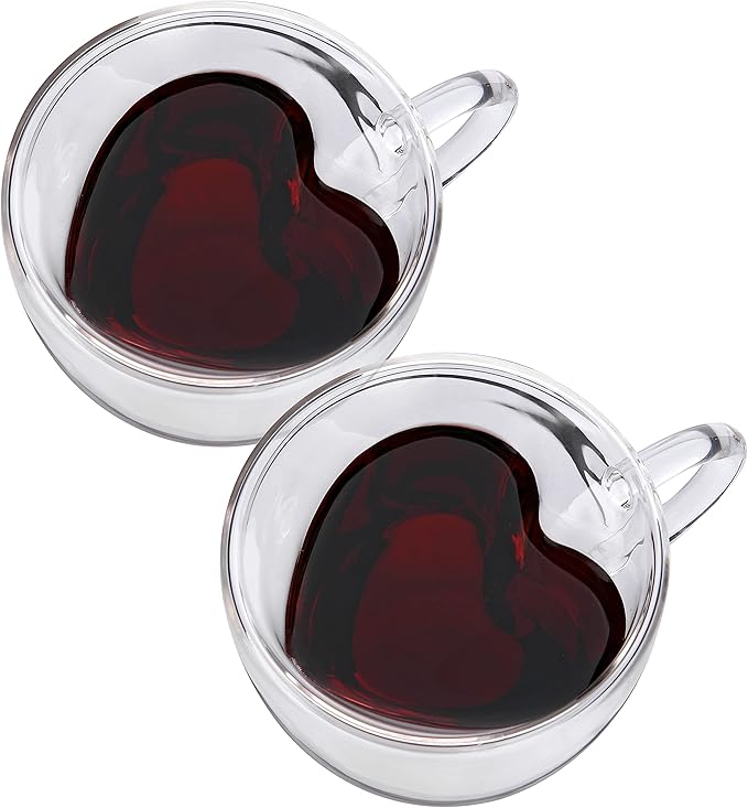 CNGLASS Mothers Day Gifts for Mom,Double Wall Heart Shaped Glass Coffee Mugs 8.5oz,Insulated Clear Tea Cups with Handle,Unique Glass Espresso Mugs for Coffee,Cappuccino,Latte,Milk,Set of 2 - Bloomnest
