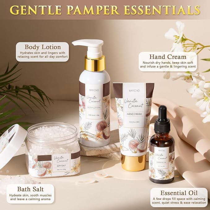Birthday Gifts for Women, Vanilla Coconut Relaxing Spa Gift Baskets for Women Self Care Package Bath Gift Set, Home Bath and Body Kit Pamper Valentines Day Gifts for Her Womens Mom Friends Sister Wife - Bloomnest