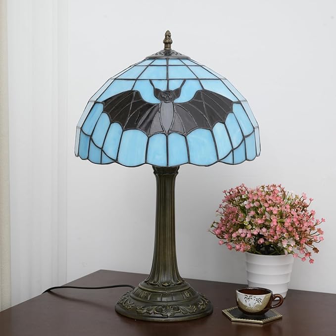 Tiffany Lamp Stained Glass Lamp 12 Inch Tiffany Style Blue Background With Black Bats Bedside Lamp Classical Art Decor Bedroom Living Room Dining Dormitory Table Vintage Home Decor The Ideal Gift - Bloomnest