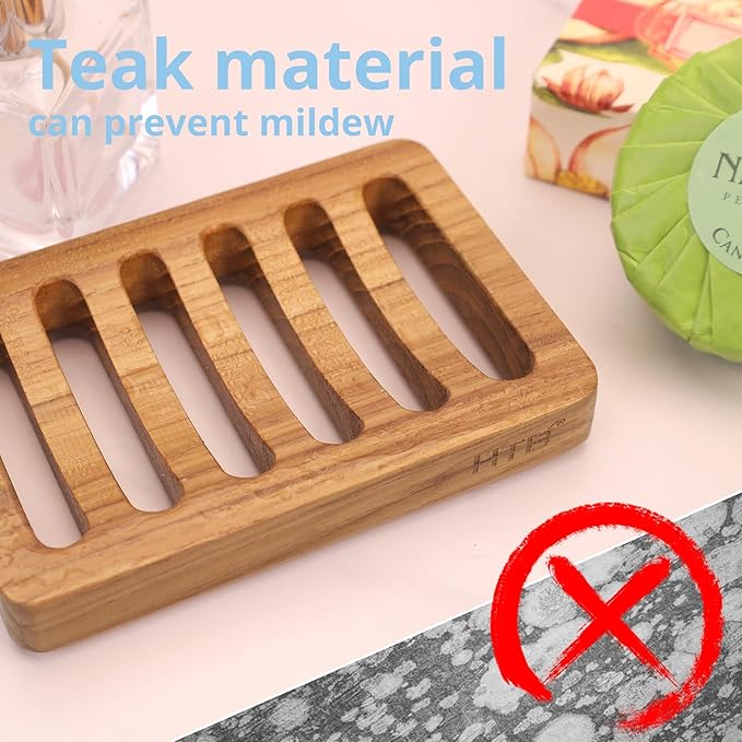 Slotted Soap Dish 2 Pack Teak Wood by HTB, Kitchen Wooden Sponge Holder, Self Draining Soap Dish for Shower, Sink, Bathroom, Bathtub, RV - Bloomnest