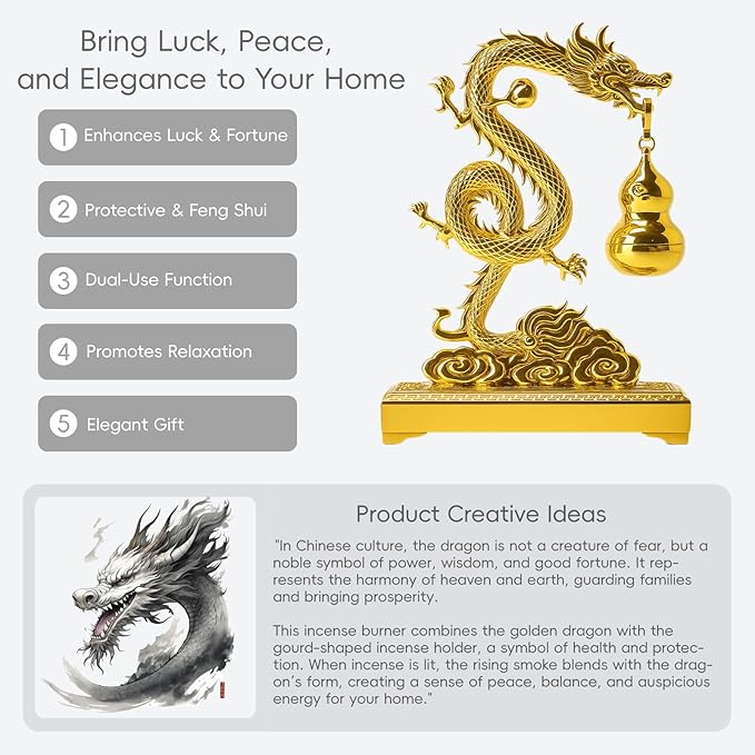 Golden Chinese Dragon Incense Holder– Dual-Use Metal Feng Shui Decor with Hanging Gourd Cone Incense Burner & Hidden Stick Holder – Spiritual Aromatherapy Gift for Meditation, Home & Office Decoration - Bloomnest
