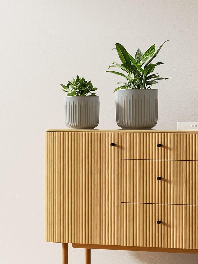 LE TAUCI Fluted Ceramic Planters Set of 3 – 8.3/7 / 5.7 in Blue Gray Reactive Cylinder Indoor Plant Pots with Drainage Plug & Mesh, Glossy Stoneware Flower Pots for Succulents Herbs - Bloomnest