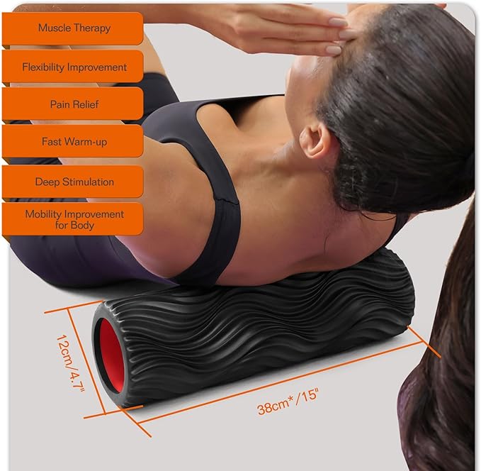 Foam Roller, 15" High Density Foam Back Roller, Wave Textured Massage Roller for Deep Muscle Massage Pilates Yoga,Fitness Exercise Roller for Whole Body Release(Black)