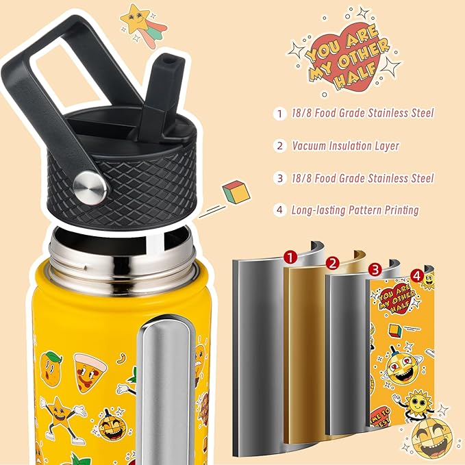 BJPKPK Insulated Water Bottle with Straw Lid, 15 oz Stainless Steel Metal Water Bottles, Reusable Leak Proof BPA Free Water Bottles, Cups, Thermo, Hawaii Fruits-Yellow - Bloomnest