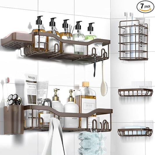 Shower Caddy Adhesive Shower Organizer 7-Pack, Rustproof Stainless Steel Bathroom Shelves, Large Capacity No-Drill Rack Storage Accessories with Soap Dish Toothbrush Holder Hooks - Bloomnest