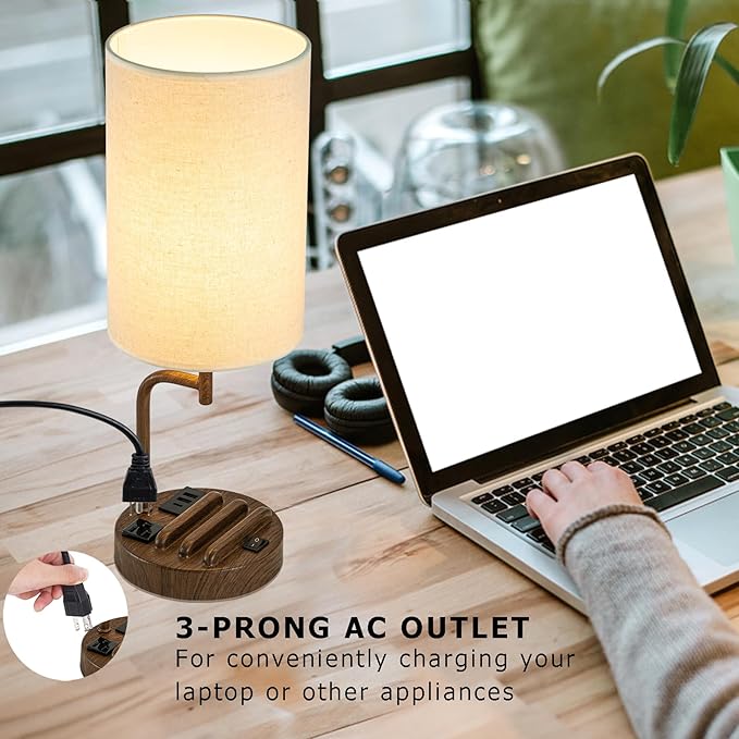 Dreamholder Table Lamp with 3 USB Charging Ports, Modern Desk Lamp with AC Outlet and Phone Stands, Perfect Bedside Lamp for Bedroom, Living Room, Office (Pack of 2), Walnut - Bloomnest