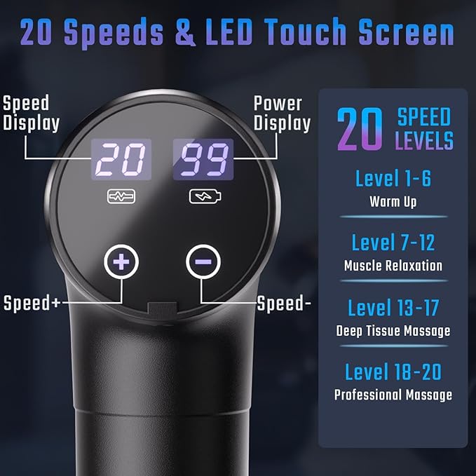 cotsoco Massage Gun Deep Tissue, Muscle Massage Gun with 9 Attachment Heads 20 Speeds & Silent Brushless Motor for Pain Relief, Handheld Percussion Back Massager Gun for Athletes(Black) - Bloomnest