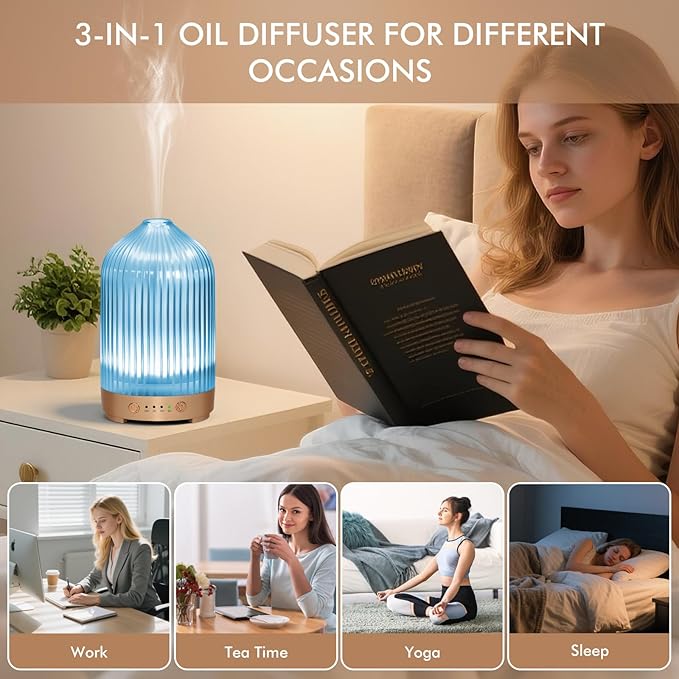 Glass Essential Oil Diffuser 200ml-Ultrasonic Aroma Diffuser with Glass Dome, Aromatherapy Diffuser with 4 Timers 7 Color LED Lights Auto Shut-Off Protection for Home Office Yoga Gift for Women EQUSUPRO