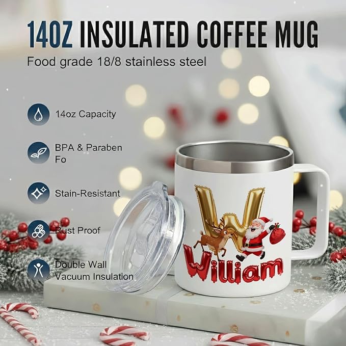 Personalized Christmas Insulated Coffee Mug with Handle – Custom Gold Balloon Initial Letter [S] Double Wall Stainless Steel Travel Tumbler – Unique Holiday Gift for Men, Women, & Kids(B114) - Bloomnest