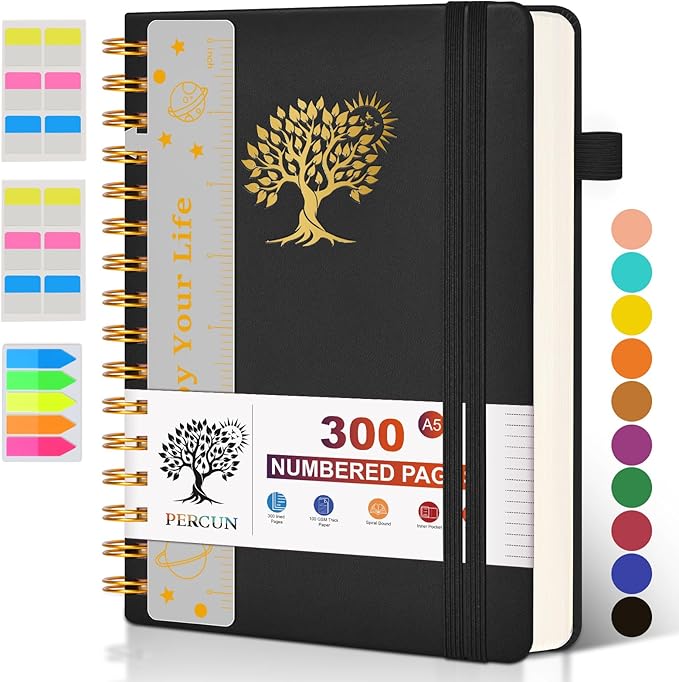 Spiral Notebook Journal for Women Men, 300 Numbered Lined Pages, College Ruled, A5 Hardcover Spiral Bound Notebook for School, Work, Note Taking Writing, Leather Spiral Journal Medium 5.9"x8.5" - Bloomnest