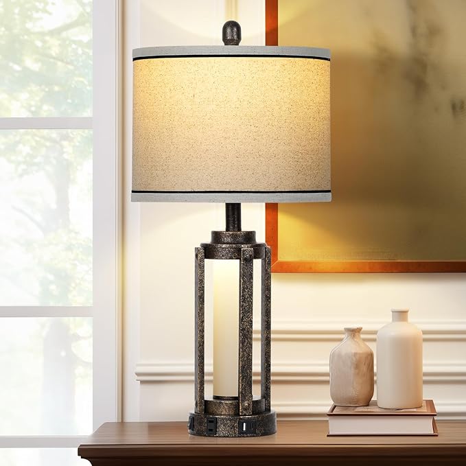 Farmhouse Industrial Lamp with USB A+C Charging Ports & AC Outlet, 26" Vintage Rustic Retro Table Lamp with Glass LED Night Light & Linen Fabric Shade for Living Room Bedrooms Single(2 Bulbs Included) - Bloomnest
