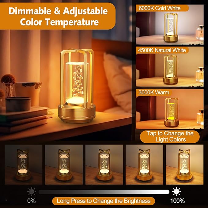 Portable Table Lamp for Outdoor Indoor: Cordless Rechargeable Desk Lamp with 3 Color Stepless Dimmable - Metal Battery Operated Small Lantern Light for Restaurant/Bedroom/Bar/Coffee Shop/Camping - Bloomnest
