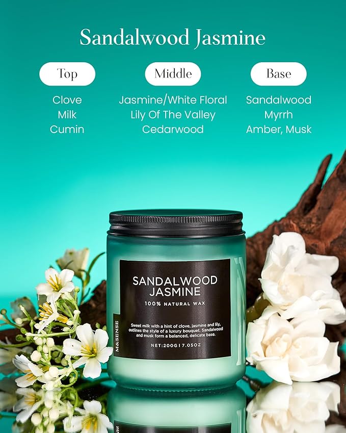 M&SENSE Sandalwood Jasmine Scented Candles, Natural Soy Wax Best Smelling Candle 7.05oz 50 Hour Burning，Floral Non Toxic Single Cotton Wick Aromatherapy Gifts for Women Friend - Bloomnest