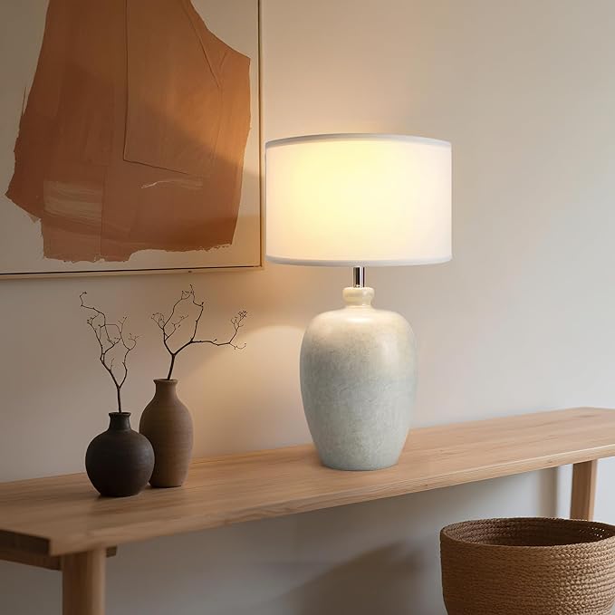 WJShome 27" Farmhouse Ceramic Table Lamp with Unique Ice Pattern Effect and White Linen Shade - Perfect for Bedroom, Living Room, Dining, and Office! (Bulb Not Included) - Bloomnest