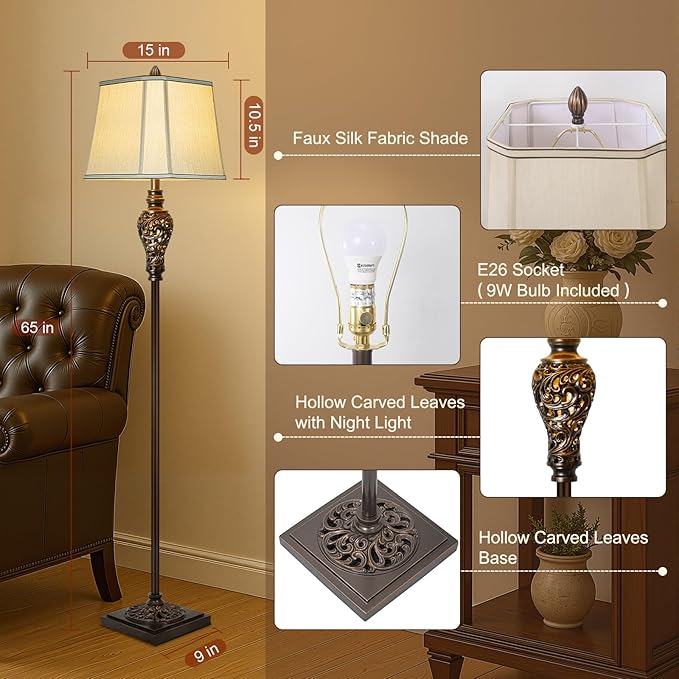 Vintage Floor Lamp with Night Light, 65" Retro Standing Lamp with Brown Finish and Beige Faux Silk Shade, Farmhouse Industrial Design Tall Lamp for Living Room Bedroom Bedside Corner (Bulb Included) - Bloomnest
