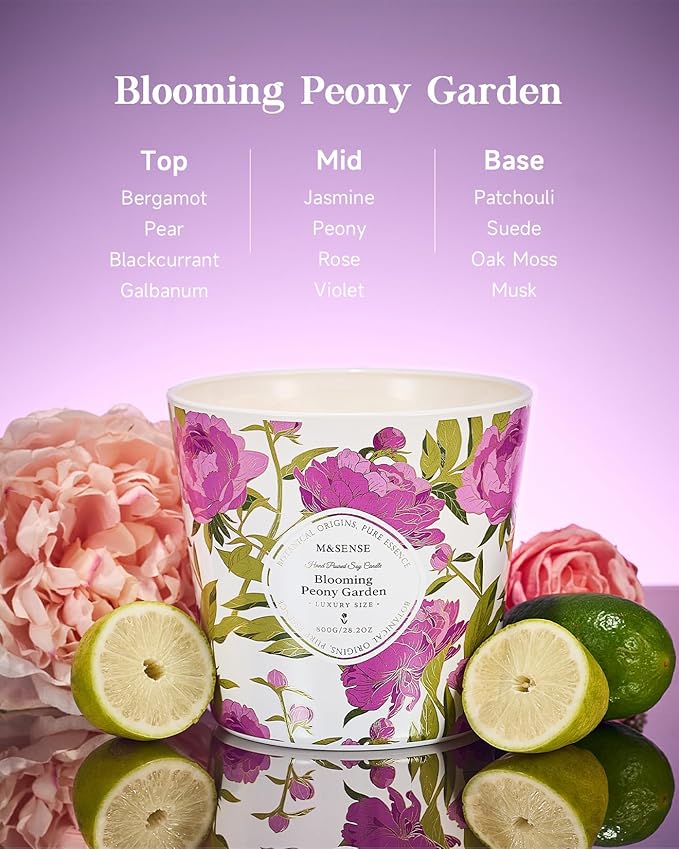 M&SENSE Blooming Peony Scented Candle, 28.2oz 3 Wick Natural Soy Wax Large Candles, Long Lasting Clean Slow Burning No Toxic Décor for Home Relaxation, Romantic Dates & Gift-Giving - Bloomnest