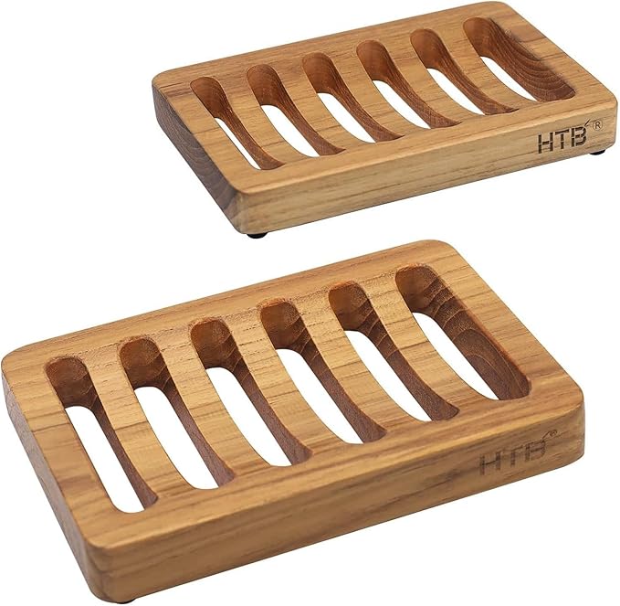 Slotted Soap Dish 2 Pack Teak Wood by HTB, Kitchen Wooden Sponge Holder, Self Draining Soap Dish for Shower, Sink, Bathroom, Bathtub, RV - Bloomnest