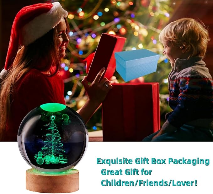 Christmas Crystal Ball lamp,3.15 inch K9 3D Christmas Tree Night Light with Wooden Base,Christmas Gift for Friends,Christmas Decorations,16 Colors Change with Remote Control (G) - Bloomnest