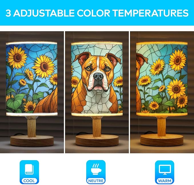 Staffordshire Bull Terrier Table Lamp LED 3-Color Pressed Bedside, Dog Shade Lamp with Wood Base for Bedroom Living Room Desk Office - Bloomnest