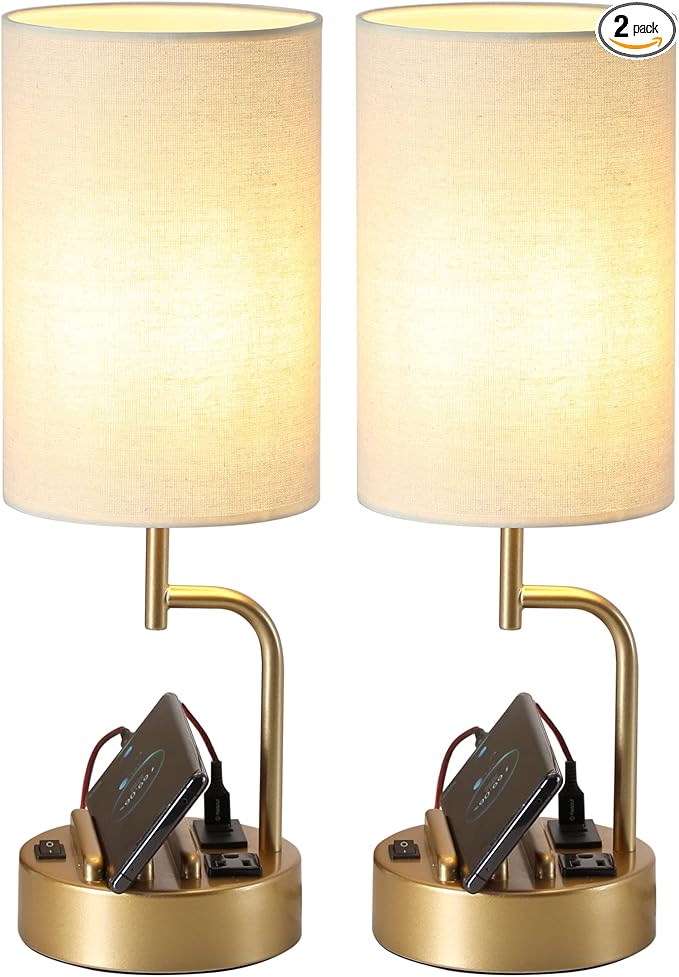 Dreamholder Table Lamp with 3 USB Charging Ports, Modern Desk Lamp with AC Outlet and Phone Stands, Perfect Bedside Lamp for Bedroom, Living Room, Office (Pack of 2), Gold - Bloomnest