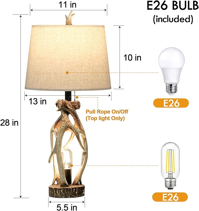 28" Touch Rustic Antler Table Lamps Set of 2 for Bedroom, 3 Way Dimmable Farmhouse Nightstand Lamps with USB + Type C Ports, Bedside Deer Lamp for Living Room End Table Cabin Decor (Included 4 Bulbs) - Bloomnest