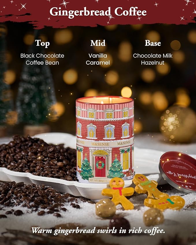 M&SENSE Gingerbread Coffee Christmas Candles, Warm Scented Holiday Candle with Gingerbread Cookie, Chocolate & Coffee Bean, Soy Wax 11.3oz 70 Hour Clean Burn, Cozy Winter Home Decor, Christmas Gifts - Bloomnest