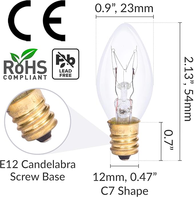 Simba Lighting C7 15W Replacement Bulb (12 Pack) for Himalayan Salt Rock and Basket, Plug In Aromatic Wax Warmer, Night Light, Clear Candle Shape, 120V, E12 Candelabra Base, Dimmable, 2700K Warm White - Bloomnest