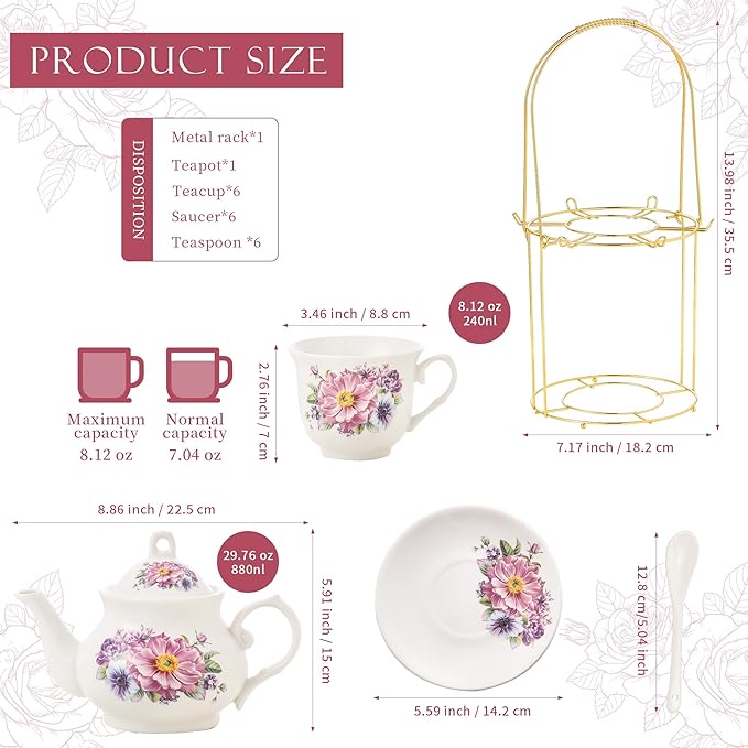 20-Pieces Tea Set For Adult with Golden Metal Rack,Porcelain Tea Sets For Women,Tea Gift Sets for Home&Party(K018) - Bloomnest