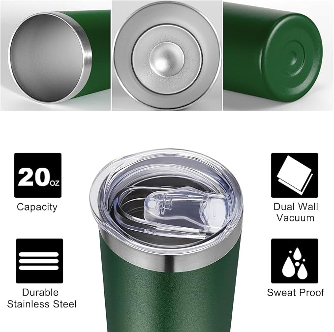 VEGOND Stainless Steel Skinny Tumbler, 20 oz Vacuum Insulated Tumbler with Lid and Straw, Double Wall Coffee Cup, Travel Mug for Cold Hot Drinks, Dark Green 1 Pack - Bloomnest