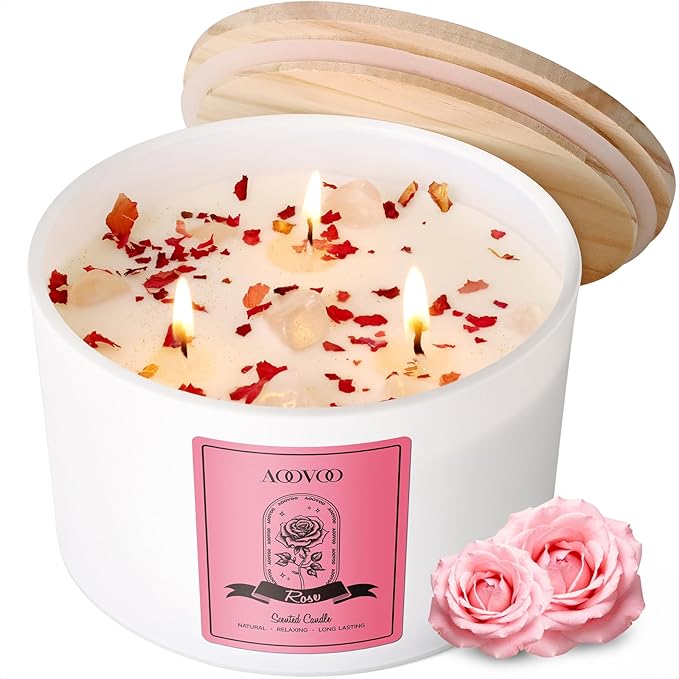 AOOVOO Rose Scented Candles for Women - 20oz 3 Wick Soy Candles for Home Scented, Aromatherapy Candle with Crystals Inside, Birthday Gifts Christmas Candle for Women Mom - Bloomnest