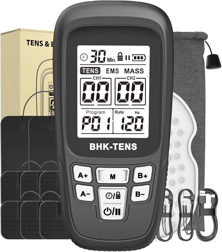 24 Modes TENS Unit Muscle Stimulator with 8 Electrode Pads, Professional 3-in-1 Electronic Pulse Massager with 2-150Hz Rate, 40 Levels, 90mins Timer, EMS TENS Machine for Pain Relief Therapy BHKTENS