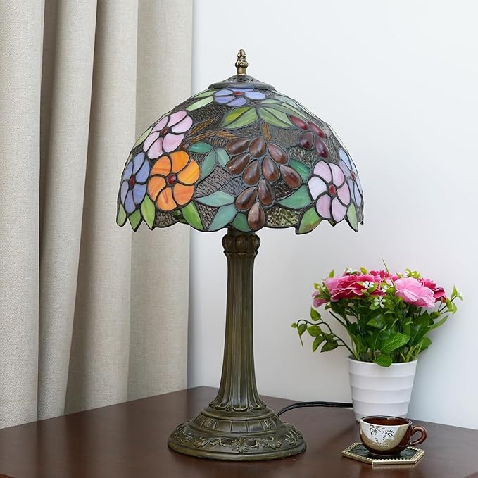 Tiffany Lamp Stained Glass lamp Bedside Table Lamps for Living Room Bedroom Dorm Kitchen Home Decor Festival Birthday Gift,12 inches Grape Flower - Bloomnest