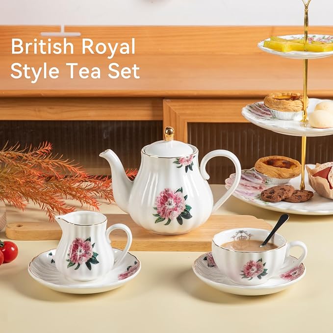 Porcelain Tea Sets British Royal Series, 8 OZ Cups & Saucer Service for 6, with Teapot Sugar Bowl Cream Pitcher Teaspoons and Tea Strainer, Suitable for High Tea, Wedding, Party - Bloomnest