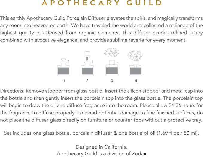 Zodax Apothecary Guild Blush Porcelain Oil Diffuser - Home Fragrance Diffuser Ideal for Living Room, Bathroom, Office - Makes a Great Gift - Porcelain Flower Design - Sunset Beach - 1.69 Oz.