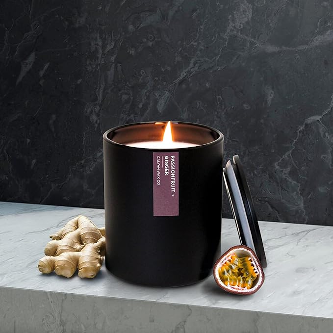 Calyan Wax Co. Passionfruit & Ginger Scented Candle - 75 Hour Burn - Luxury Non Toxic Soy Wax Candles - Long Lasting Black Tumbler Jar Candle for Home - 10.2oz - Bloomnest