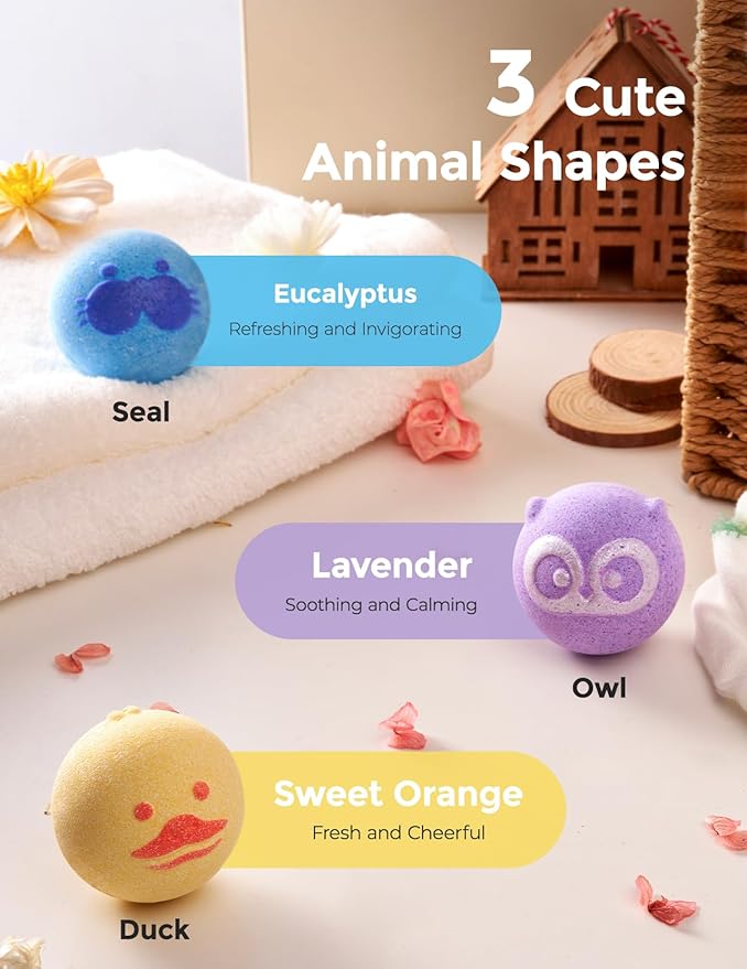 Momcozy Natural Essential Oil Bath Bombs,3 Pcs Bubble Bath Fizzy Balls with 3 Cute Animal Shapes,Bath Bombs Gift Set for Kids Girls Boys Toddler, Ideal Gift for Birthday, Bath Bomb Kit - Bloomnest