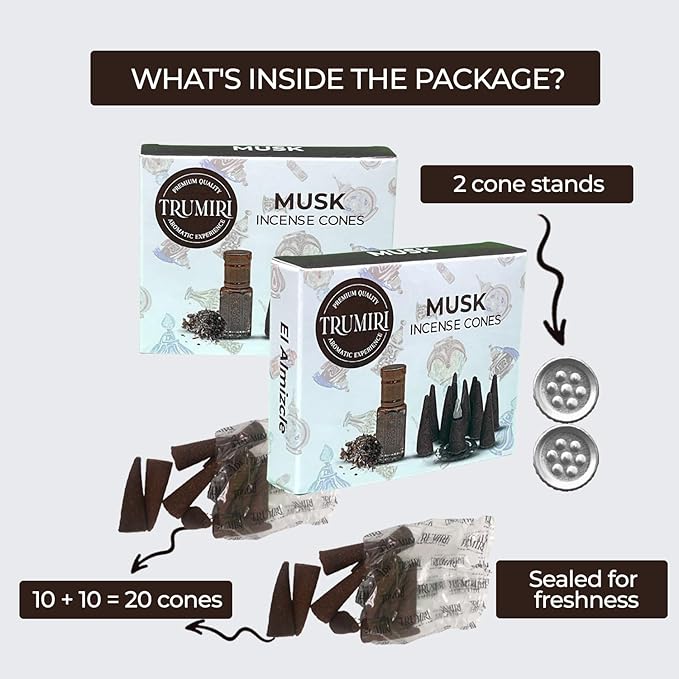 TRUMIRI Musk Incense Cones - Total 20 Cone Incense - Dual Pack of 10 Insence Cones - Incense Cones Scented - Cone Incense Scents - Insense Cones - Incent Cone TRUMIRI